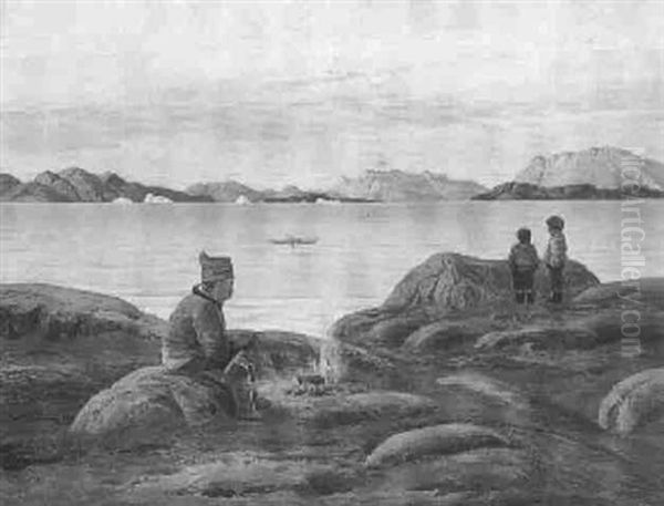 Parti Fra Gronland Med Kajakker Og Born Pa Klipper - view 1