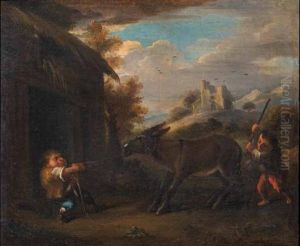 Due Nani E Un Asino In Un Paesaggio by Faustino Bocchi