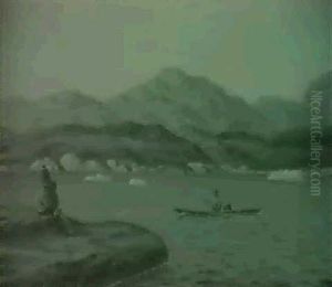 Sommerdag, Godthab Fjorden, Moder Og Barn Betragter Kajaksejler by Emanuel A. Petersen