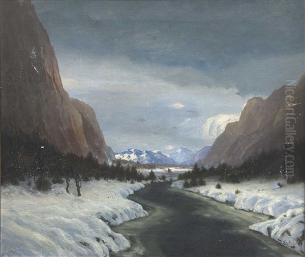 Gebirgsfluss In Der Winterlichen Landschaft. 108 X 92 Cm - view 1