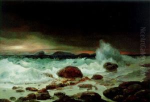 Nachtlicher Sturmhimmel Uber Einem Kustenwasser Am Felsigen Strand by Hans von Petersen