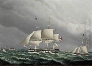 A British Warship Passing Helsingor Roadstead, Followed By The Danish Yacht "delphinen" by Jakob Petersen