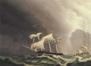 A British And A Danish Frigate Under Reduced Sail In Heavy Seas by Jakob Petersen