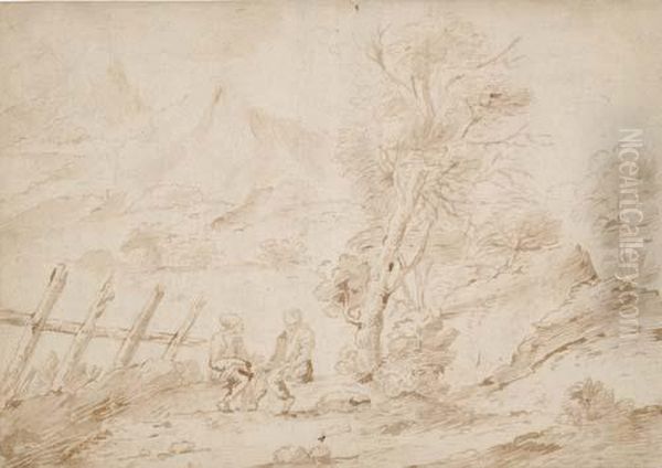 Two Men Seated In A Mountainous Landscape - view 1