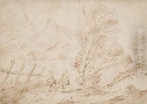Two Men Seated In A Mountainous Landscape by Clemente Bocciardo