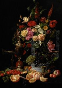 Opstilling Med Blomster, Frugter, Drikkebaeger Og Musselmalet Porcelaen by Sofus Petersen
