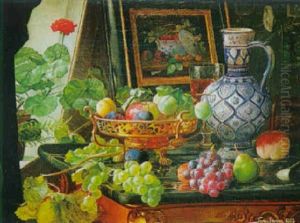 Stilleben Med Frukter Och Blavitt Krus by Sofus Petersen
