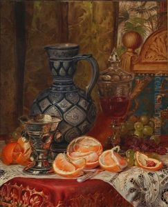 Still Life With Fruit And Wine On A Table by Sophus Petersen