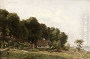 Kystparti Med Et Lille Hus Med Stengaerde Foran, Bagvedliggende Skov Pa Bakke, Yderst Til Venstre Figur, Sommer by Vilhelm Peter Carl Petersen