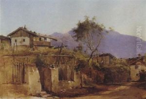Parti Fra Tyrol Med Huse Bygget Pa Skaraenten, I Baggrunden Bjerget Parti Fra Tyrol Med Huse Bygget Pa Skaraenten, I Baggrunden Bjerget