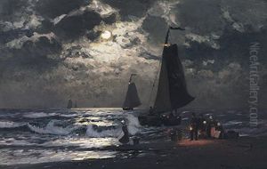 Nachtliche Marine Mit Ein- Und Auslaufenden Fischerbooten Nachtliche Marine Mit Ein- Und Auslaufenden Fischerbooten