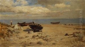 Segelboote Am Strand by Heinrich Petersen-Angeln