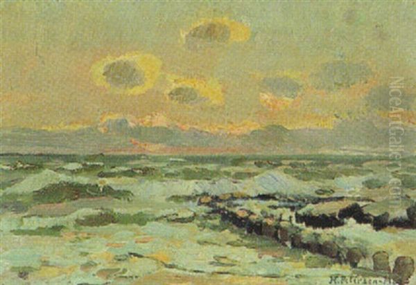 Steinmole Mit Wellenschlag Am Abend, Nordsee - view 1