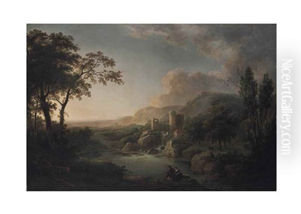 A Mountainous Landscape With Figures Fishing By A Lake, A Ruined Castle And A Waterfall Beyond - view 1