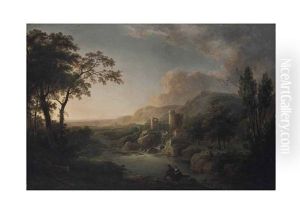 A Mountainous Landscape With Figures Fishing By A Lake, A Ruined Castle And A Waterfall Beyond by Abraham Pether