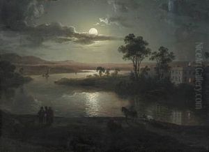 Evening Scene With Full Moon And Persons by Abraham Pether