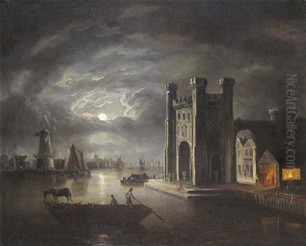 A Moonlit Estuary With A Forge Near A Castle, Windmills And A Town Beyond - view 1