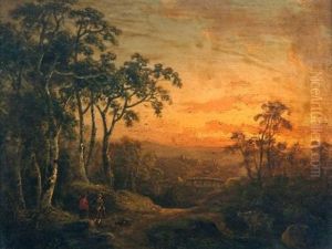 Travelers In Sunset Landscape by Abraham Pether