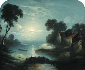 Moonlit Scene With Fishermen Fishing From A Rowing Boat On A River, A Mill Beyond