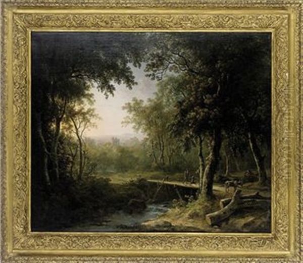 A Wooded River Landscape With A Traveller Crossing A Bridge, A Church Beyond - view 1