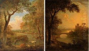 An Italianate River Landscape With An Angler At Sunset (+ A Wooded Landscape With A Shepherd And His Flock By A Stream; 2 Works) by Abraham Pether