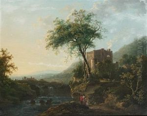 An Italianate Landscape With A Family On A Riverside Path, A Waterfall Beyond (+ An Italianate Landscape With A Horseman And His Dog Beside A River; Pair) by Abraham Pether