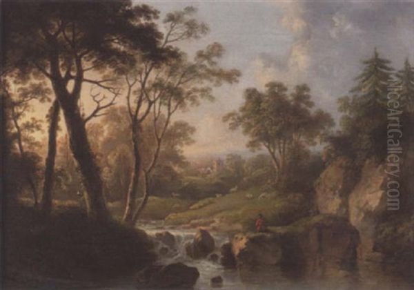 A Wooded Landscape With A Fisherman By A Stream, Sheep Grazing With A Town Beyond - view 1