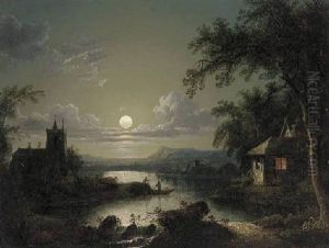 Figures By A Church In A Moonlit Lake Landscape