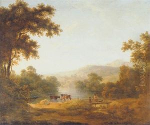 Crossing The Bridge With Cattle Watering Beyond by Abraham Pether
