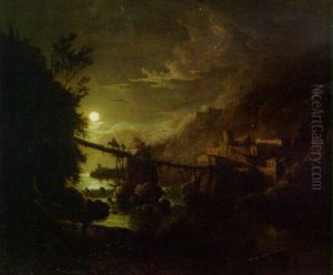 Travellers On A Bridge In A Moonlit River Landscape by Abraham Pether