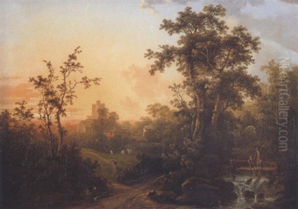 Figures In Twilight Landscape Village Beyond - view 1