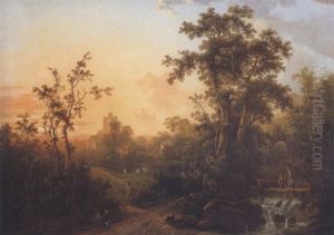 Figures In Twilight Landscape Village Beyond