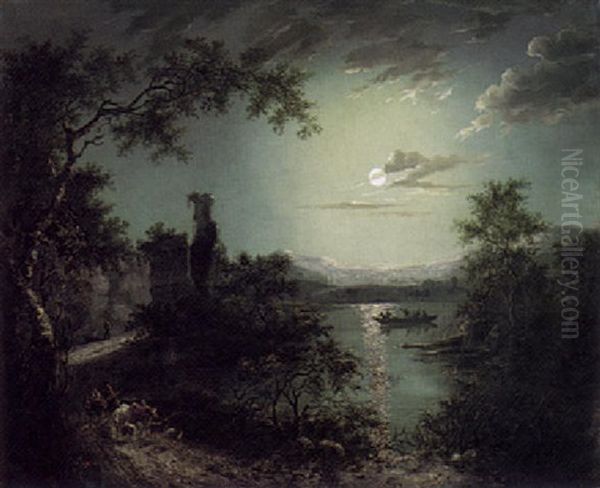 Moonlit River Landscape With Figures And Cattle On A Path Before A Ruin - view 1