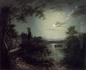 Moonlit River Landscape With Figures And Cattle On A Path Before A Ruin by Abraham Pether