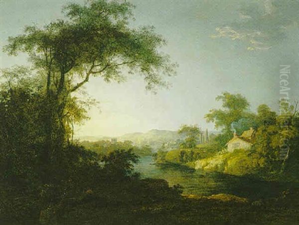 Wooded River Landscape With A Distant View Of A Town - view 1