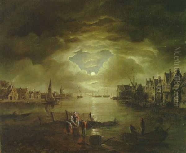 Moonlit River Landscape With Fisherfolk Gathering In Their Catch - view 1