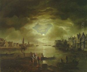 Moonlit River Landscape With Fisherfolk Gathering In Their Catch by Abraham Pether