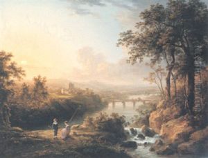 A River Landscape, Children Fishing In The Foreground