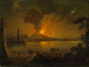 Blick Ueber Den Golf Von Neapel Auf Den Feuerspeienden Vesuv by Abraham Pether