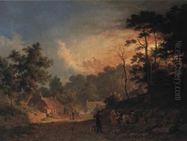 Landscape With Figures By A Village At Sunset - view 1