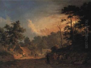 Landscape With Figures By A Village At Sunset by Abraham Pether