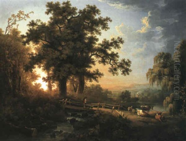 A Wooded River Landscape, With A Faggot Gatherer With Cattle And Sheep - view 1