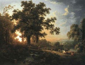 A Wooded River Landscape, With A Faggot Gatherer With Cattle And Sheep