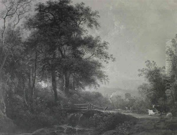 An Evening Wooded Landscape With A Waterfall And Cattle In  The Foreground... - view 1