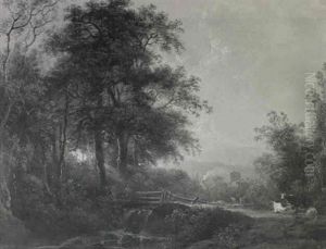 An Evening Wooded Landscape With A Waterfall And Cattle In The Foreground... by Abraham Pether