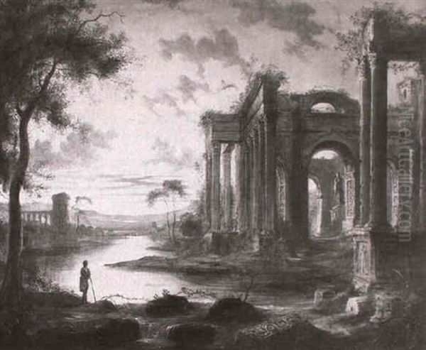 Moonlit River Landscape With Classical Ruins - view 1
