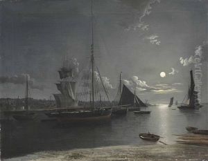 Shipping In The Estuary Under Moonlight