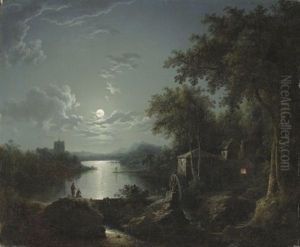 Moonlit Fishing On The Riverbank by Henry Pether