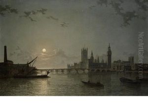 A Moonlit View Of The Houses Of Parliament From The Thames by Henry Pether