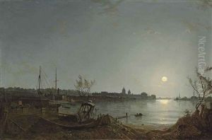 A View Of Greenwich Reach From The Thames By Moonlight, With The Hospital, Enderby House And The Telegraph House by Henry Pether